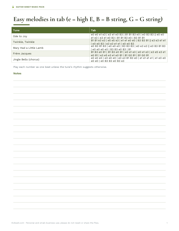 Preview of Printable Easy Guitar Melodies Tab Sheet