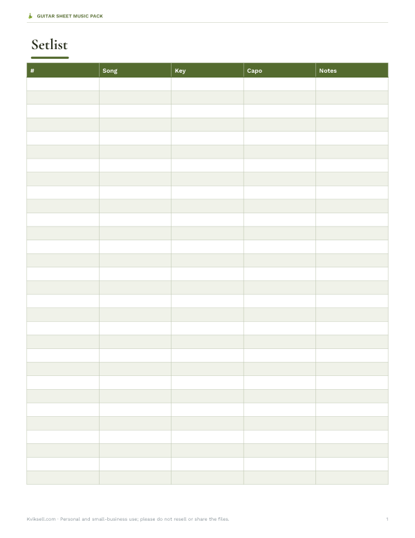 Preview of Printable Guitar Setlist Sheet