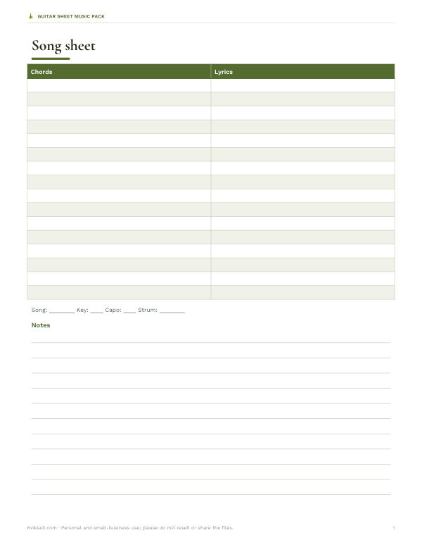 Preview of Printable Guitar Song Sheet